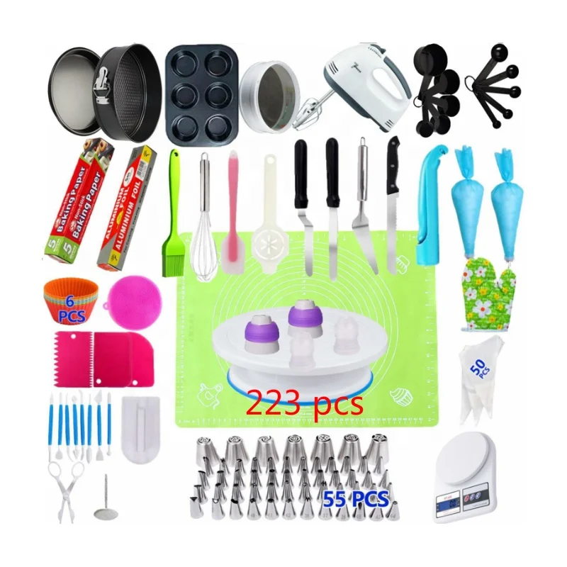 

Amazon Hot Sale 223 pcs Cake Decorating Supplies set Cake Stand Turntable Pan Mold Tips high quality baking tools