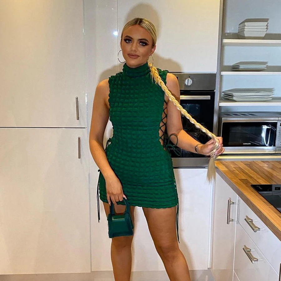 

Custom logo Sexy fashion elegant backless dress Solid Mock Neck Sleeveless Draw String Bodycon