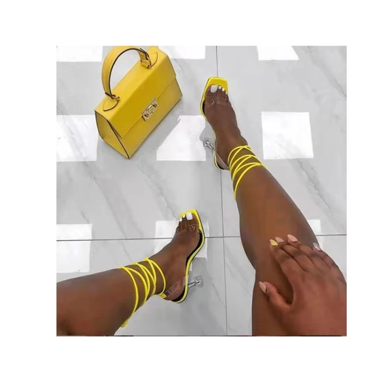 

2021 New Block High Heels Hot Ladies Slippers String Up Women High Heel Shoes