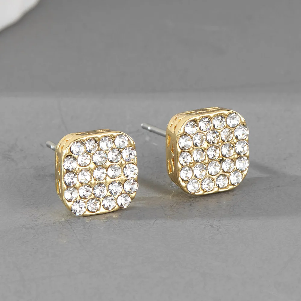

Hip Hops 18K Gold Plating Bling Rhinestone Crystal Geometric Stud Earrings Micro Pave CZ Zirconia Rectangle Earring For Party