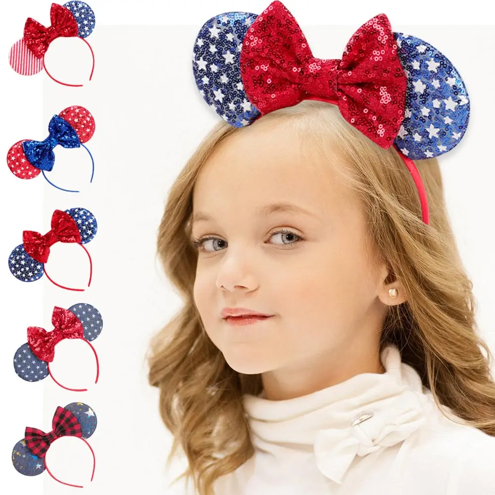 

Party American USA Flag Bows Knot Cats Mouse Ears Sequin Headbands Girls Kids 4th July Hairband