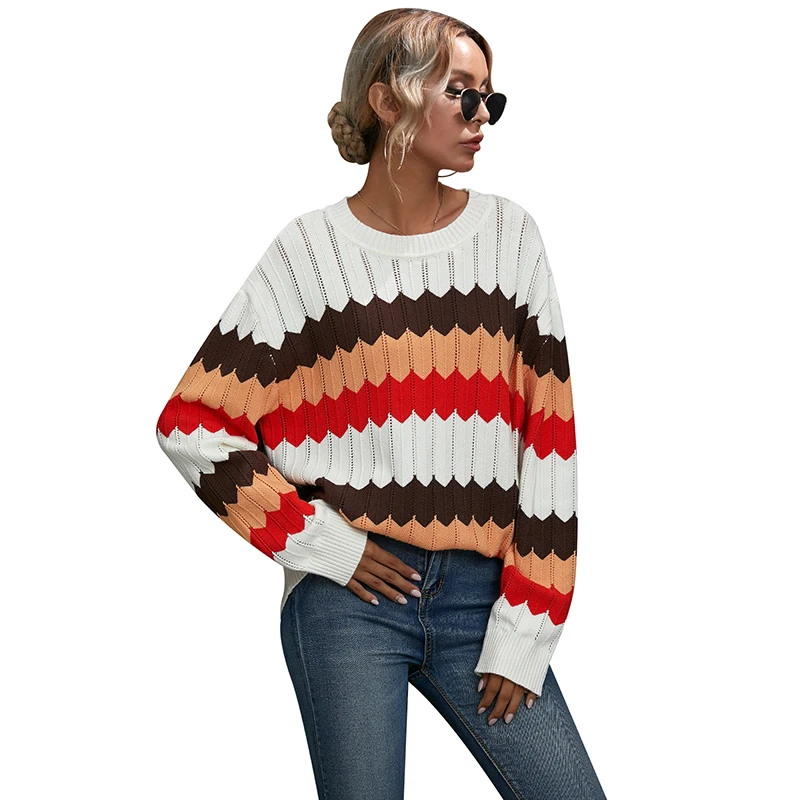 

New Arrival Casual long sleeves Stripe Contrast Wave Pattern Knit Sweater Women's Sweater