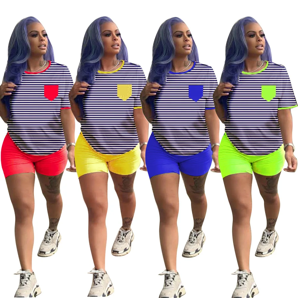 

2021 New Arrivals Women O-Neck Short Sleeve T-shirt Short Pants 2 Pieces Biker Set Striped Patchwork Romper Outfits Tracksuit, Picture show