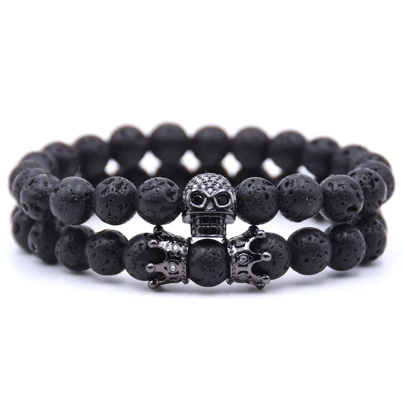 

Luxury Hand Jewelry 2Pcs/Set Natural Lava Stone Beads Bracelet Pave CZ Skull Crown Bracelet Bangle Sets For Men Women