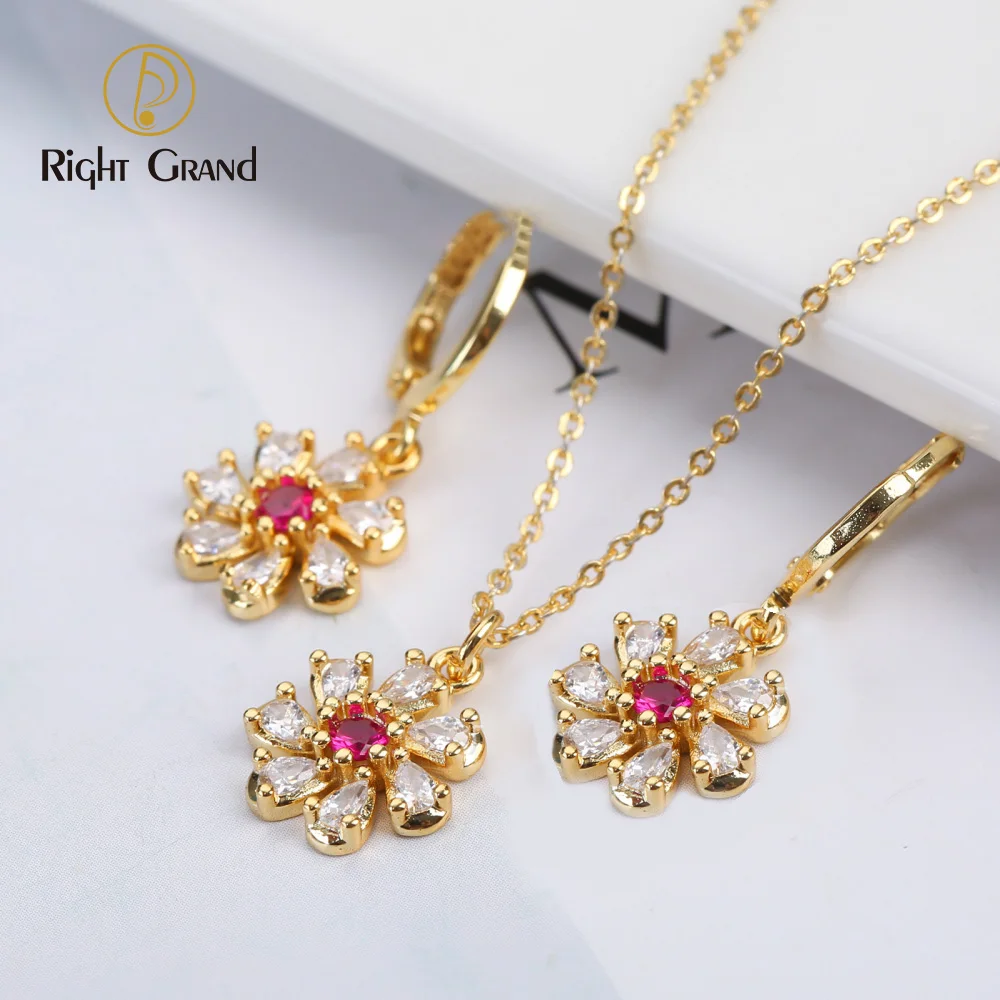 

Earrings necklace set rose red flower zircon ladies necklace