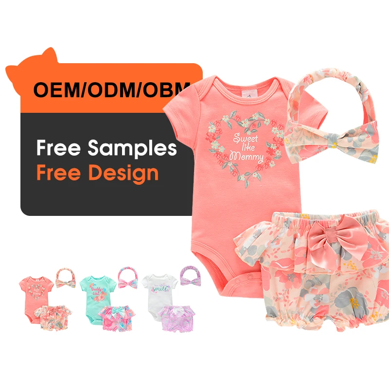 

OA 2021 Hot Sale 100% cotton Spring Summer Cute Bow Baby Kid girls Short sleeves Romper Set Clothes 3 in 1 set, Picture