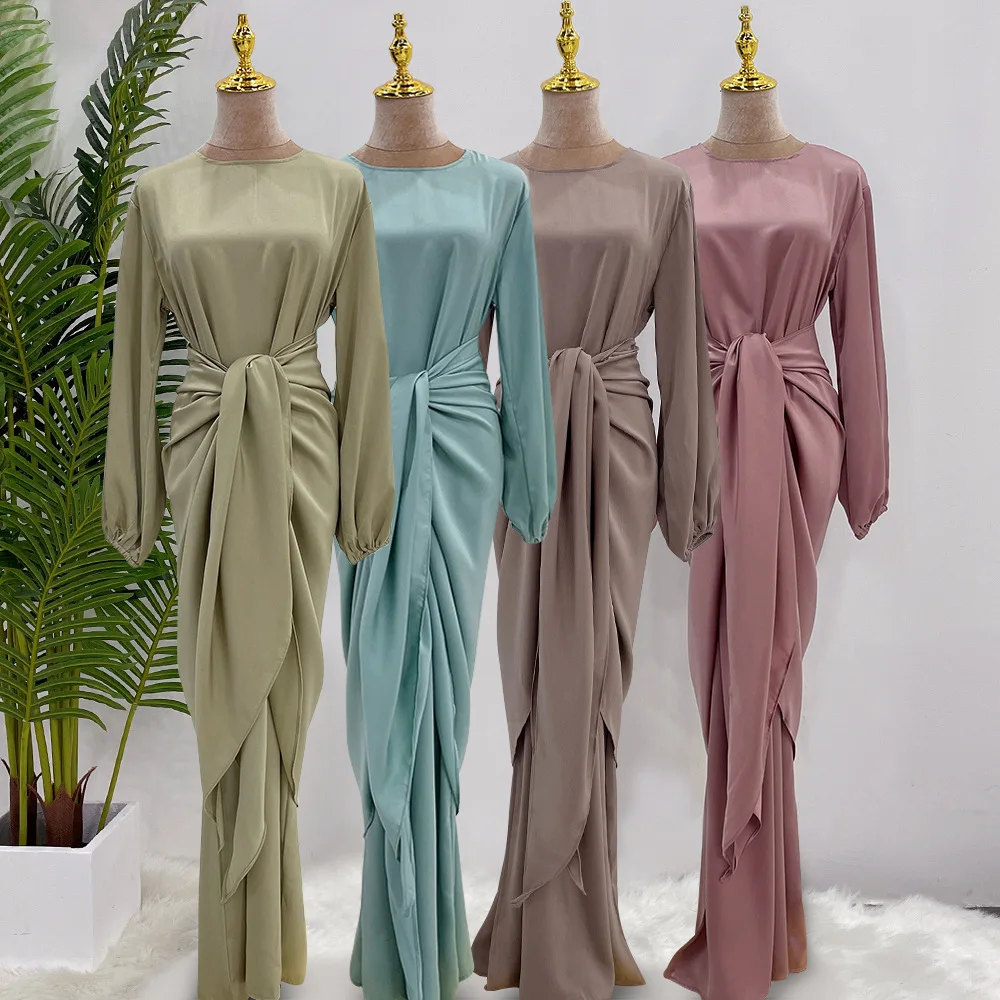 

2023 New Abaya Designs Fashion Modest Wear Satin Wrap Skirt Set Muslim Dresses Closed Abaya