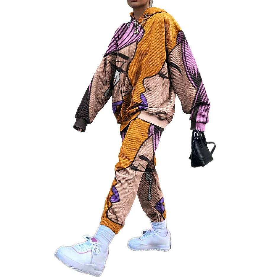 

MT262-007 Wholesale Fashion Casual Loose Corduroy Print Hooded Sweatshirt Women's two piece pants set plus size women clothing