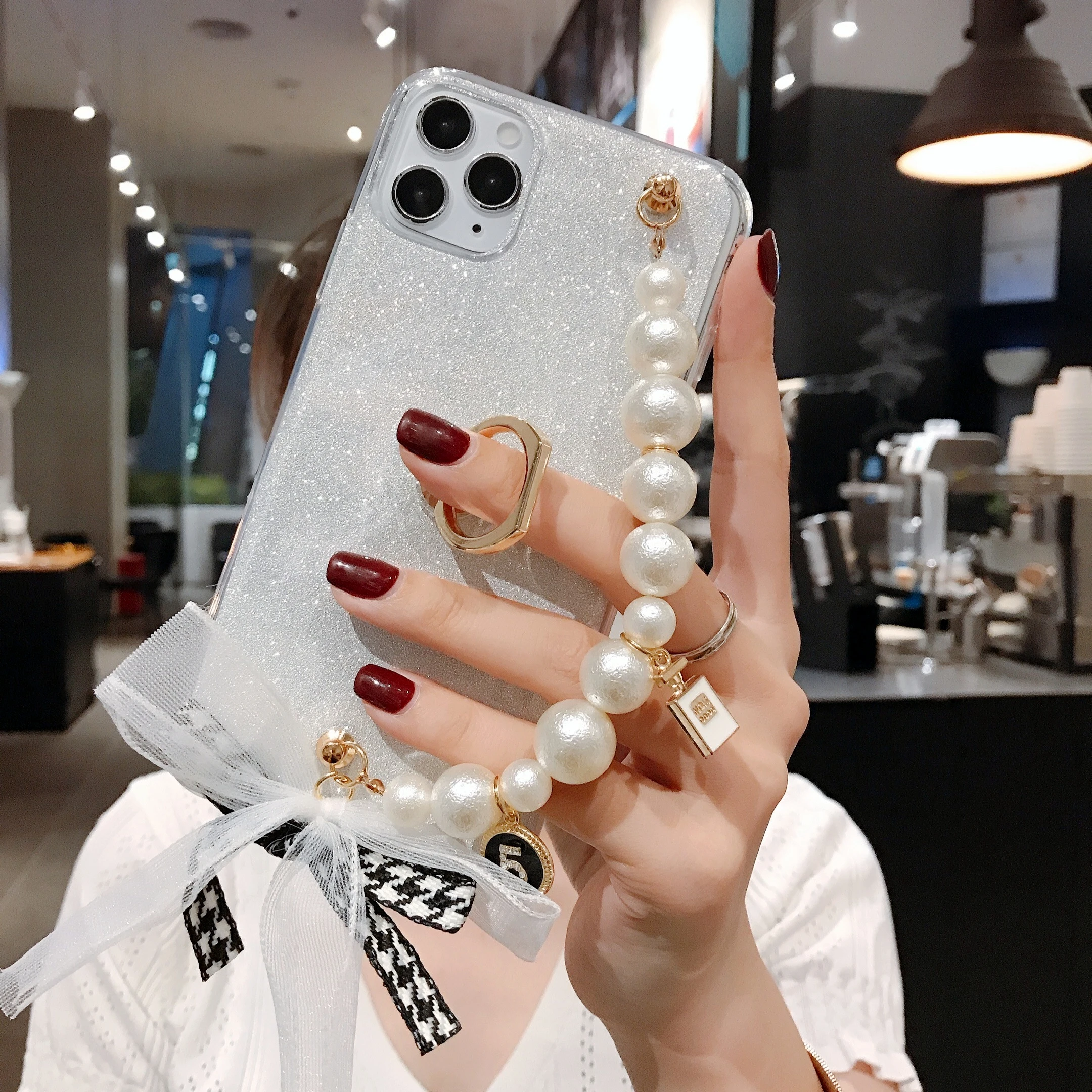 

Luxury Bling Pearl bow Wrist Chain Strap Case For iPhone 13 12 Pro X XR XS Max 7 8 Plus Case Ring Holder Cover