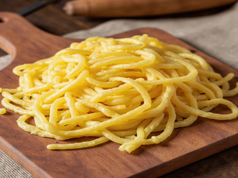Homemade egg noodles resting on wooden cutting board