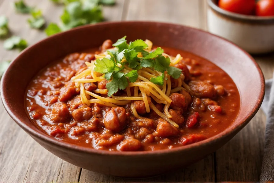 Bowl of rich red chili con carne with garnishes on wooden table