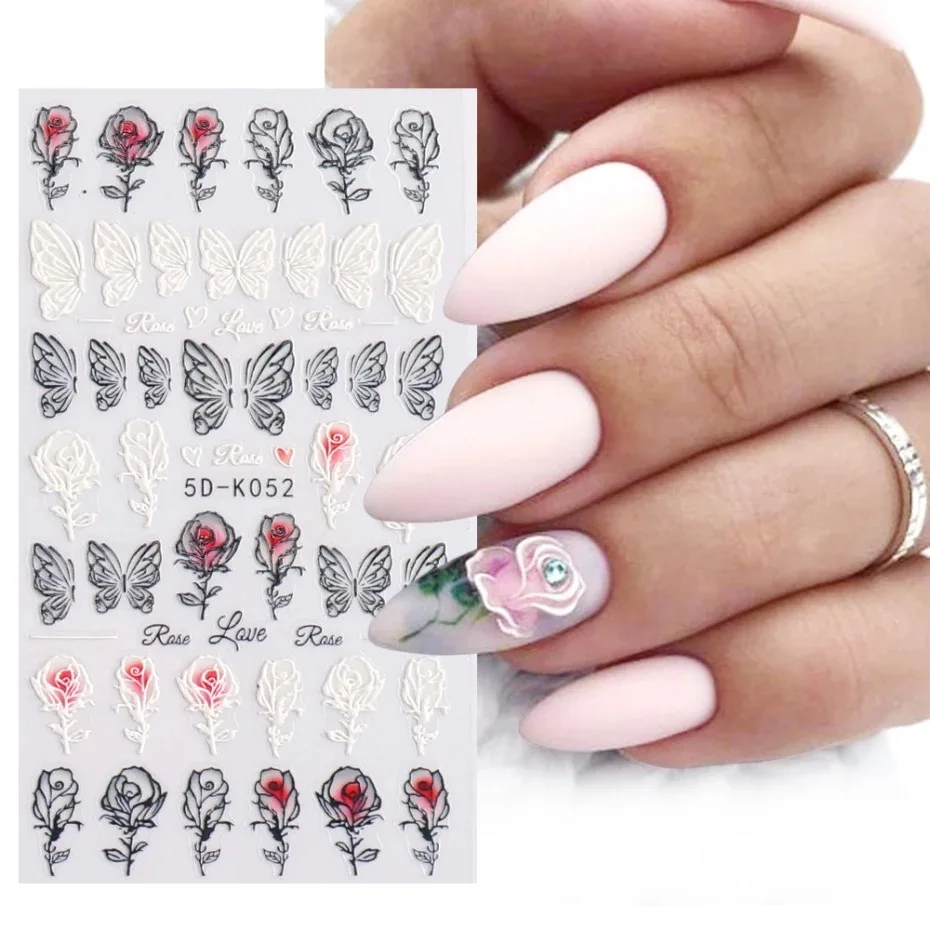 

5D Embossed Nail Stickers Relief 3D Rose Butterfly Elegant Design Manicure Adhesive Slider White Flower Engraved Nails Accessory