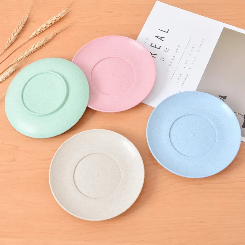

Biodegradable Dishes Plate Degradable Lightweight Unbreakable Dishwasher And Microwave Safe Kid Wheat Straw Plates, Pink green beige and blue