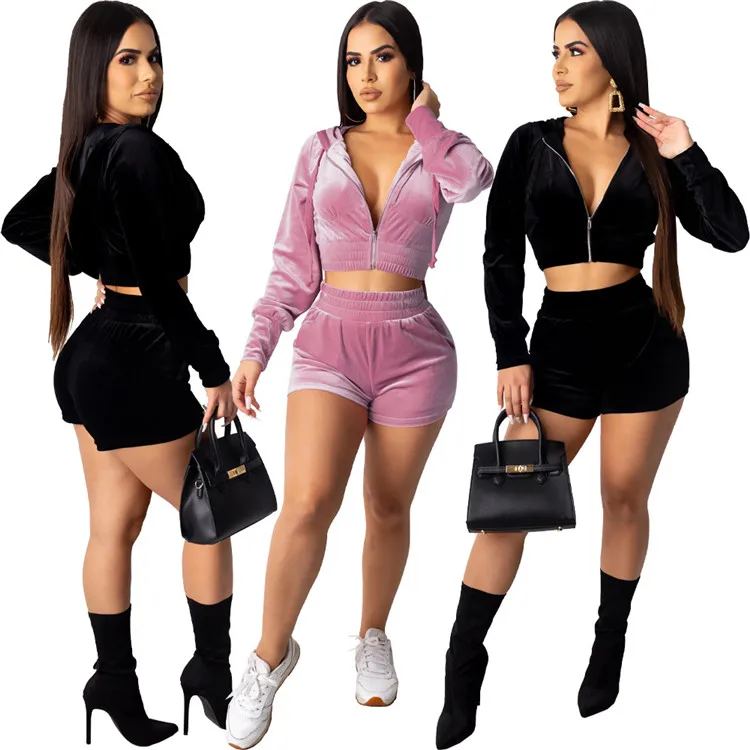 

Velvet fashion crop top hoodie 2020 fashion womens 2 piece club outfits