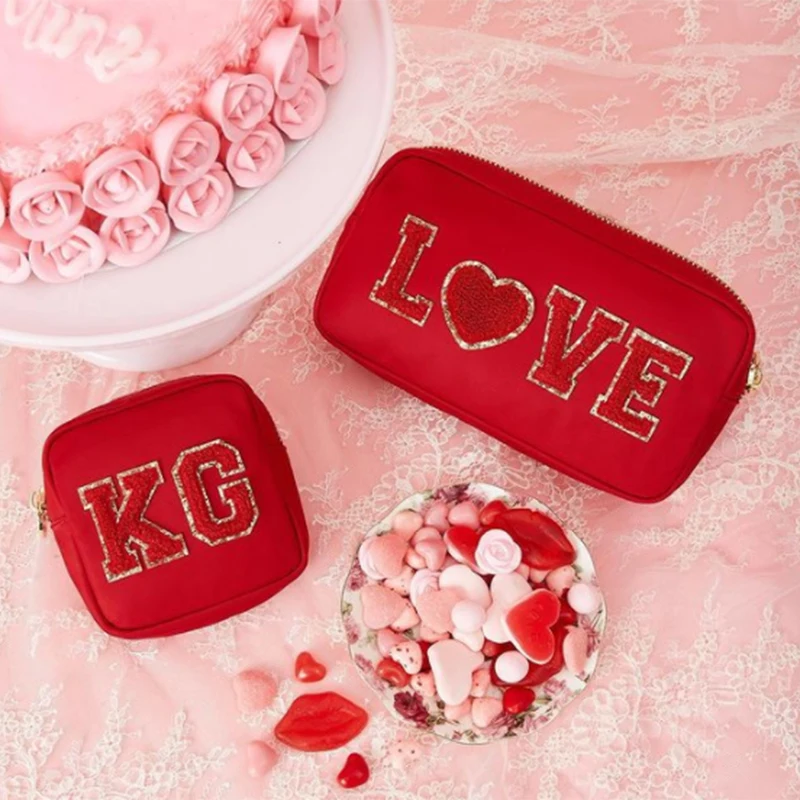 

RTS Stock Nylon Big Red S M L XL Personalized Glitter Patches DIY Custom Women Girls Lady Travel Toiletry Makeup Cosmetic Bag