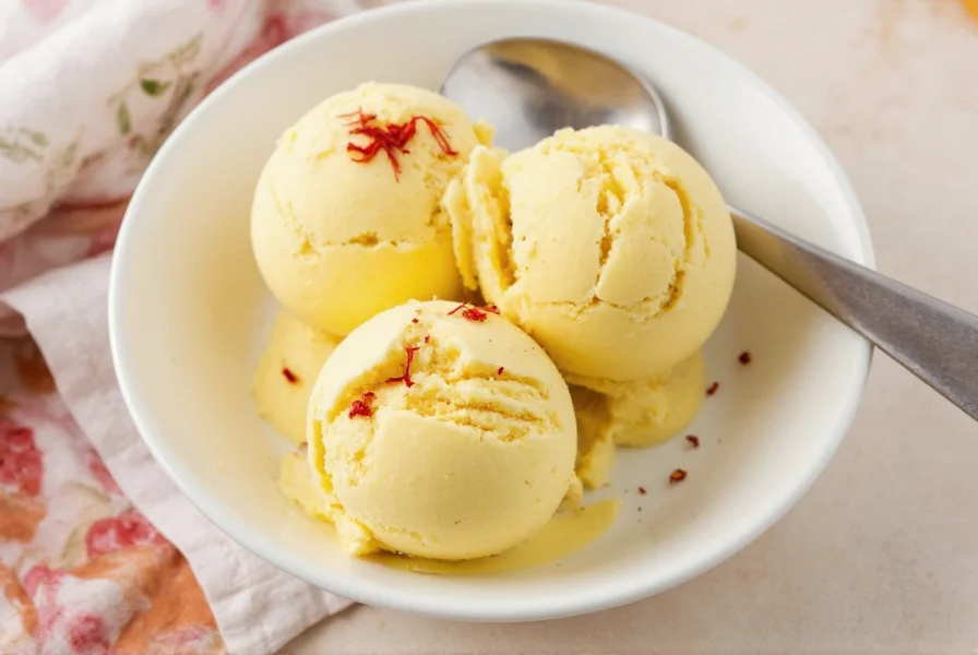 Step-by-step preparation of saffron ice cream showing saffron threads steeping in milk