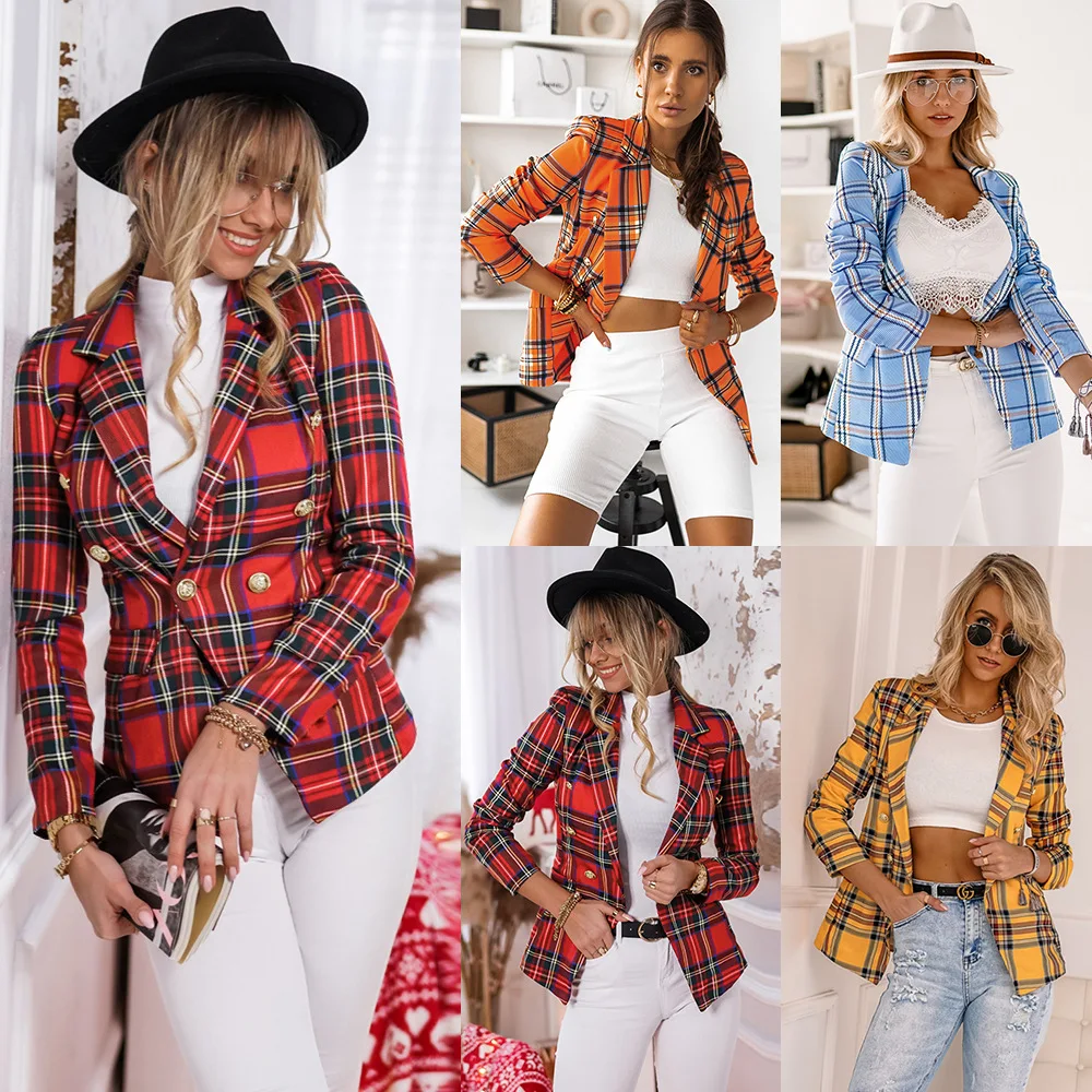 

2021fall Large Size S-2XL Plaid Casual Small Suit Jacket Slim Short Professional Women's Coat for office lady, Picture color