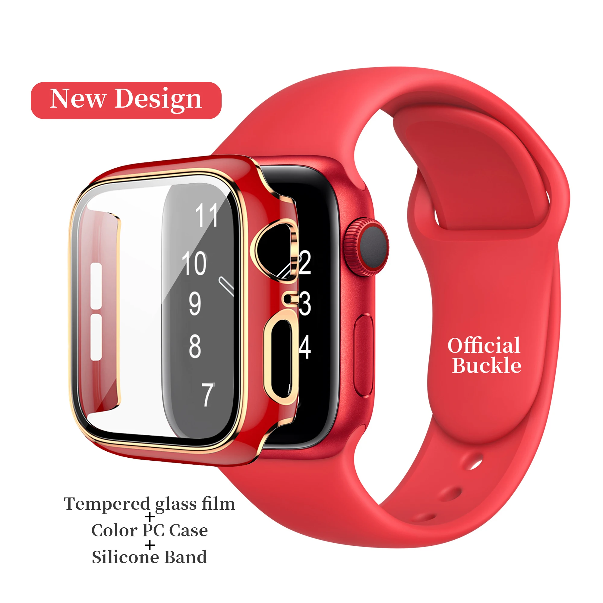 

New Colorful Cover + Rubber Strap, PC Watch Case With Tempered Glass Film + Silicone Sport Band For Apple iWatch SE 6 5 4 3 2 1, 16 colors choose