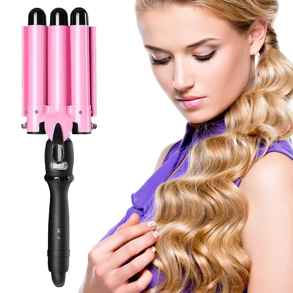 

Ready stock 3 barrel curling iron beach waves hair curlers lcd display curl rollers hair styler three tubes hair wand tools