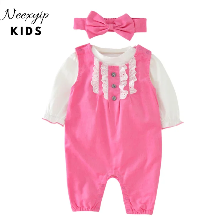 

Whoslesale fashion Combed 100% cotton Lace placket round neck baby girls' rompers Homewear, Pink