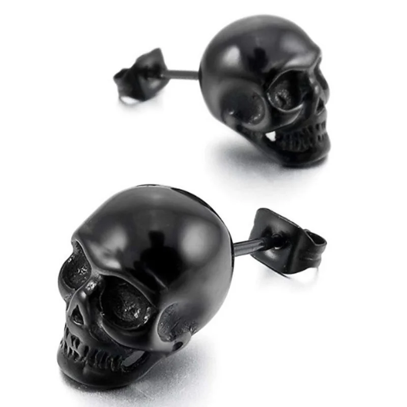 

Punk Mens Stainless Steel Stud Gothic Skull Silver Black Rock Ear Piercing Earrings Halloween