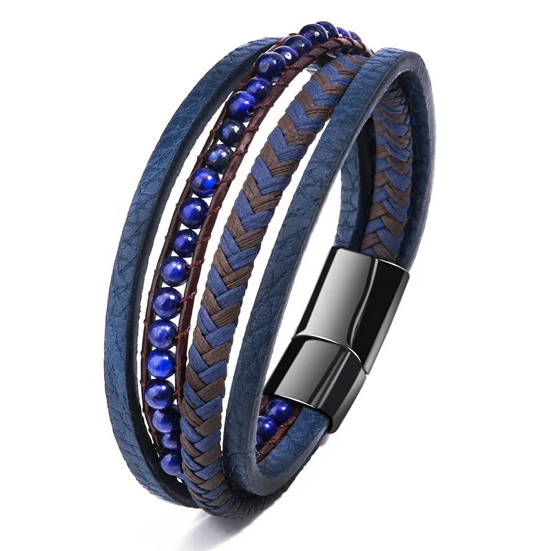 

New Arrival Natural stone Beaded Bracelet Stainless steel Braided Leather Magnetic clasp Bracelet For Men, Gold color