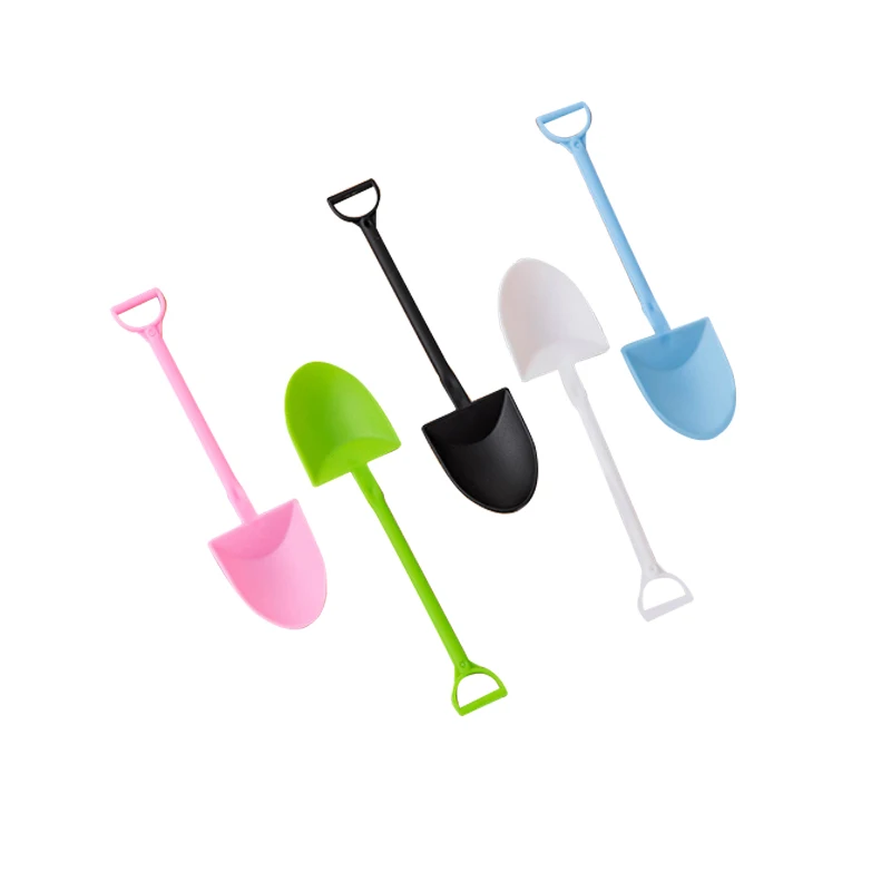 

Individual package hot sales Disposable plastic creative shovel spade shape spoon use for ice cream cake pudding, Pink,green,blue,black,clear