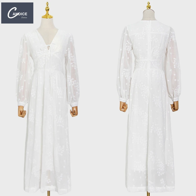 

Candice hot selling holiday Korean unique white v neck lace maxi embroidered linen dress women summer 2021