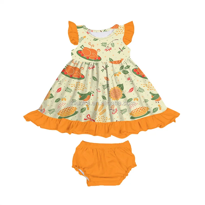 

Thanksgiving Set Turkey And Cake Prints Baby Outfits Wholesale Fashion Milksilk Girl Kids Set, Picture