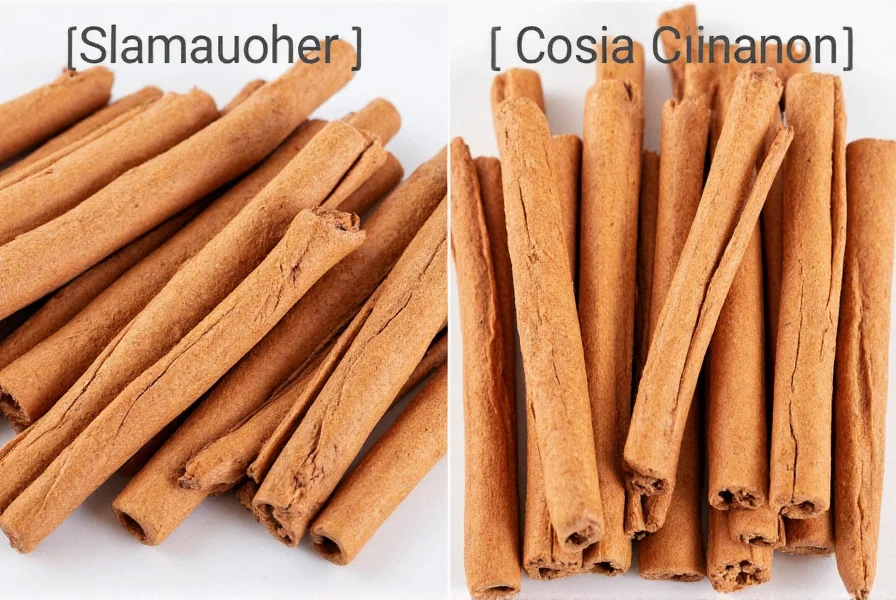 Side-by-side comparison of Ceylon cinnamon quills and Cassia cinnamon sticks showing the physical differences between the two types