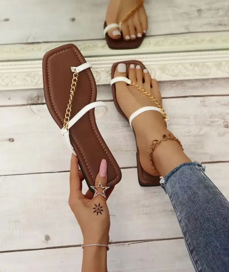 

2021 new arrivals shoes casual sandals flat toe fashion metal chain ribbon street beach ladies plus size available slippers, Picture colors