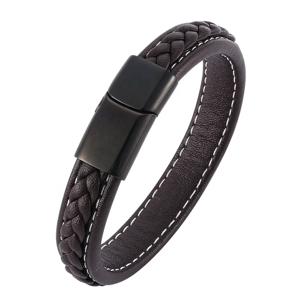 

BRJSF00001C 12MM Wide Punk Mens Heavy Genuine Leather Seam Braided Bracelets Bangle Magnetic Buckle: Brown+ Black