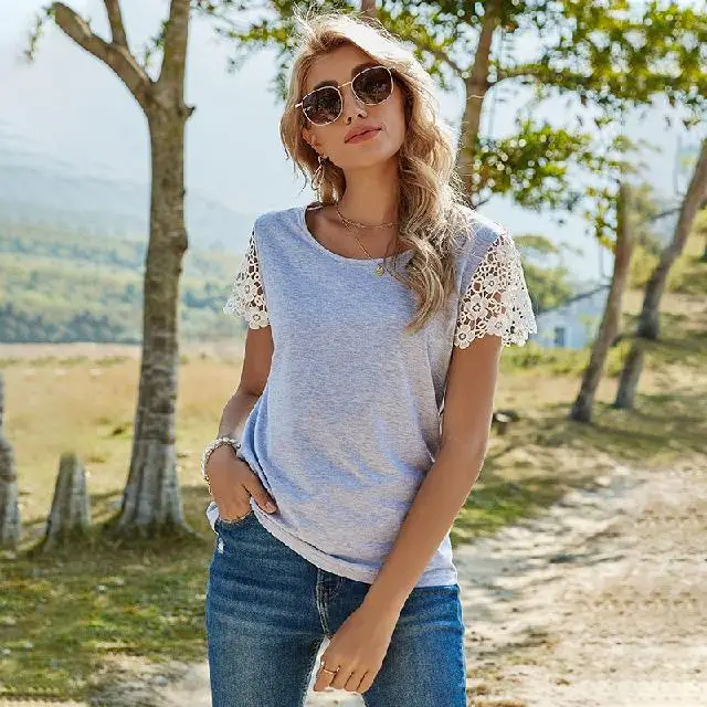 

Spring/summer 2021 New Solid Color Pullover Loose Round Neck Top Lace Short Sleeve T-shirt, Picture color