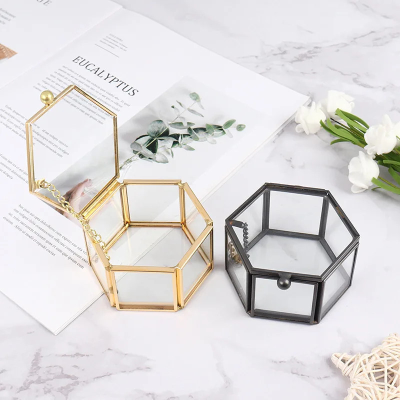 

Custom Hexagon Transparent Glass Ring Box Wedding Geometric Clear Storage Jewelry Organizer Holder, Customized