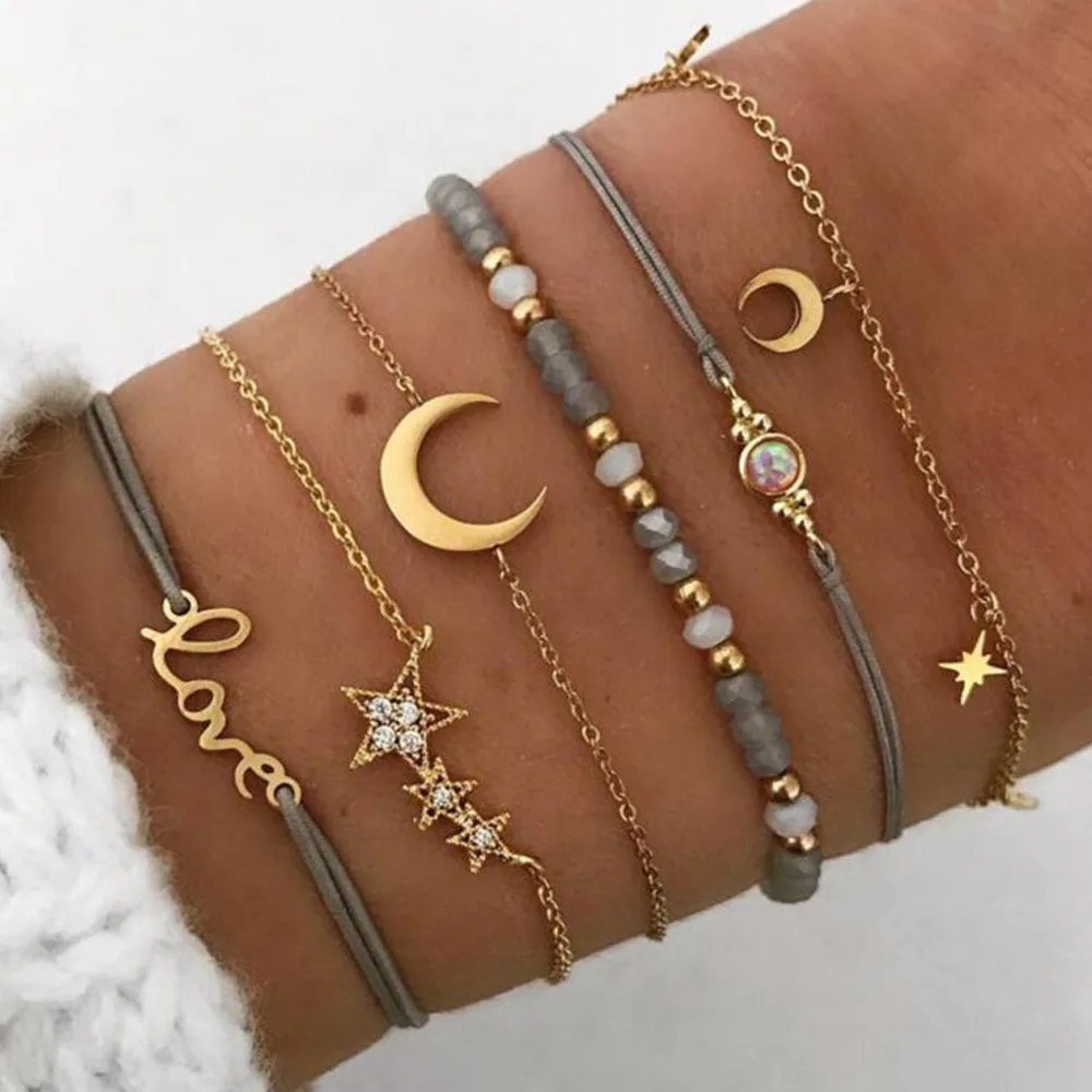 

6 Six Pieces Pcs Set Star Moon Charms Letter Love Pendant Woven Beaded Combination Women Bracelet with Charms, Silver,gold