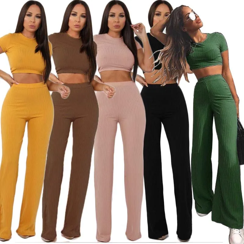 

GZ-MYF006 Latest Design Stretchy Fashion Two Piece Pants Set Women Sexy Short Sleeve Crop Top And Wide Leg Pants Set