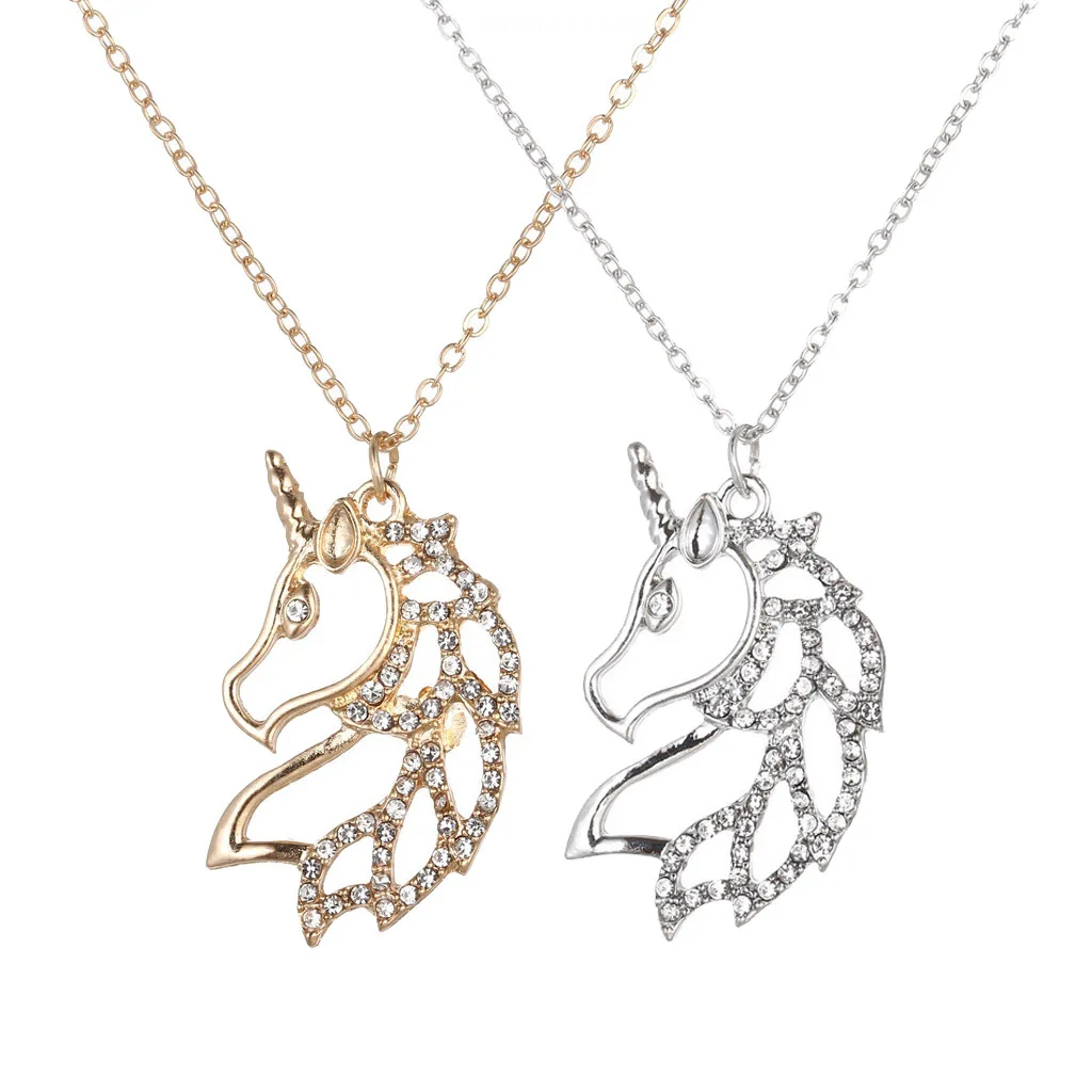 

Fashion Creative Zinc Alloy Metal Jewelry Rhinestone Women Hollow Unicorn Pendant Necklace For Girl, Gold,silver