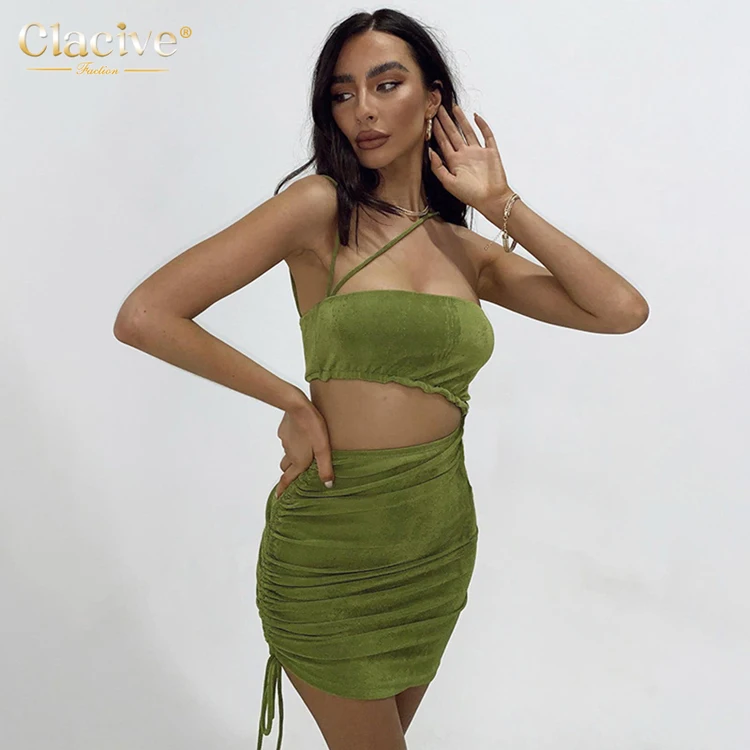 

Clacive 2021 Y2K Clothing Party Club Cut Out Mini Dress Women Fashion Outfits Ruched Sleeveless Sexy Girls' Dresses, Green