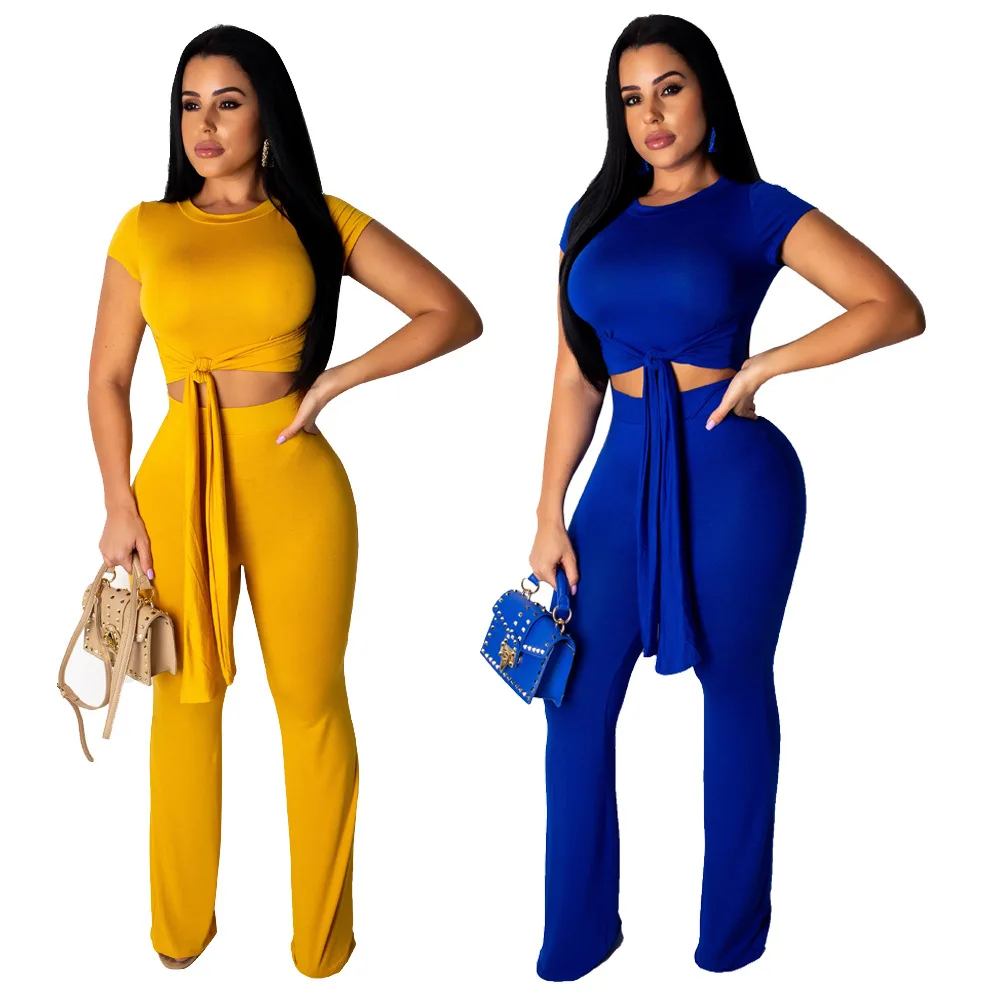 
YHYM8361 fashion short sleeve crop top and wide leg pants women matching two piece set 