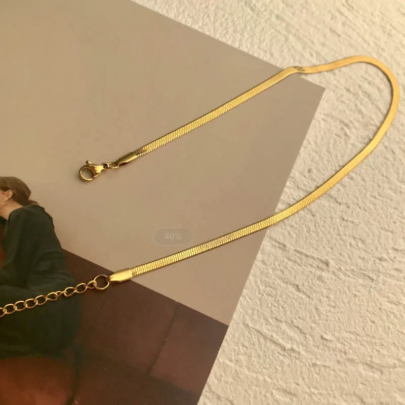 

High Quality Gold Plated Snake Chain Necklace Stainless Steel Flat Herringbone Snake Chain Necklace Women Jewelry, Picture shows