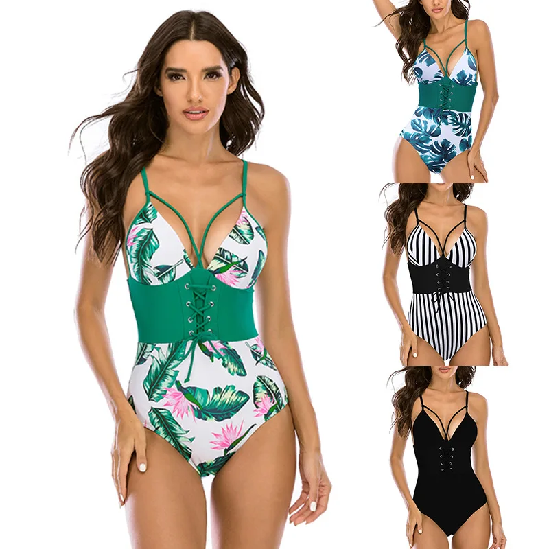 

New Arrival Sexy Women V Neck Strappy Bikini One-piece Swimming Bathing Suits Big Breasts Onepiece Swimsuit One Piece Swimwear, Picture showed