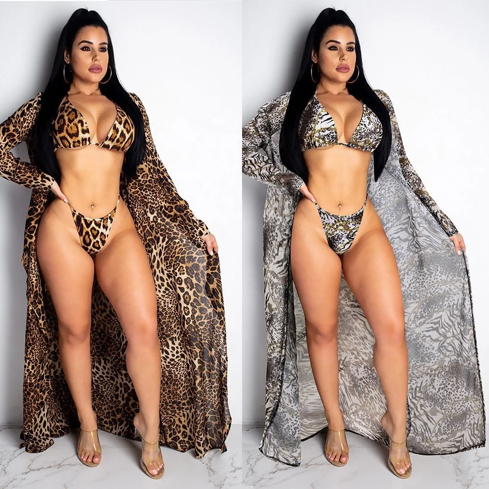 

3 Pcs African Bikini Swimsuit Bathing Suits Swimwear Woman Sexy Girls Swimsuits Tanga Mini Bikini Conjunto, Leopard print