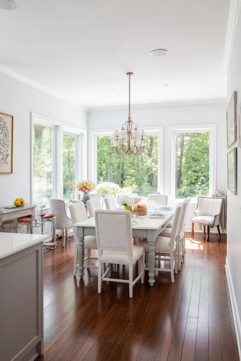 Kitchen and dining area with matching light fixtures