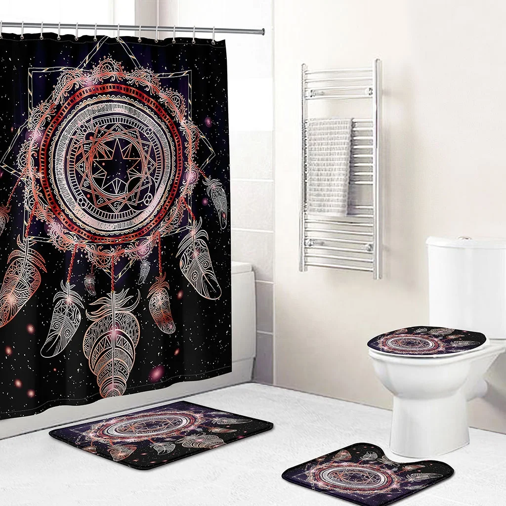 

Custom Colorful Dream Catcher Feathers Design Waterproof Shower Curtains 4 pcs Sets Bath Shower Curtains, Custom-made