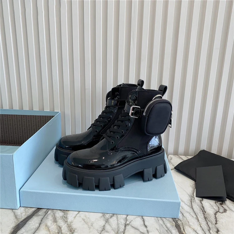 

Pocket Design Women Ankle Boots Thick Bottom Platform Boots Flat Short Booties Lace-up Runway Shoes, Customer's request