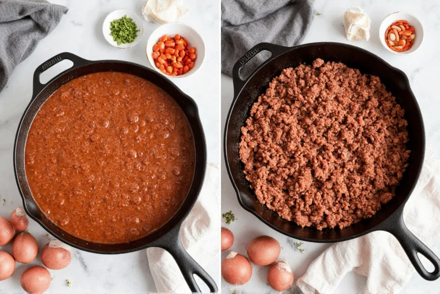 Step-by-step easy chili recipe showing ground beef browning in cast iron pot with simple ingredients arranged nearby