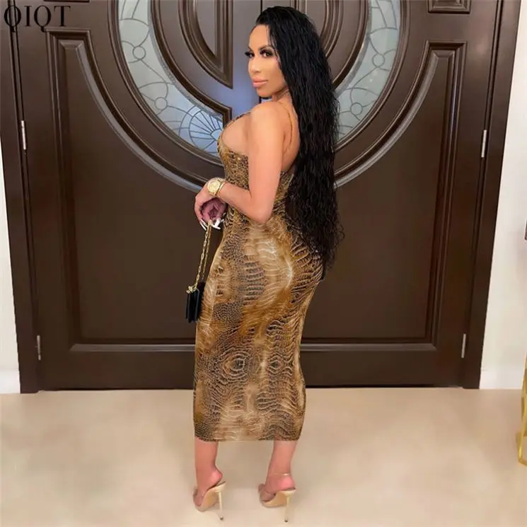 

New Trendy Snake Print Backless Sexy Bodycon Spaghetti Strap Maxi Dress Party Wear Dresses For Women
