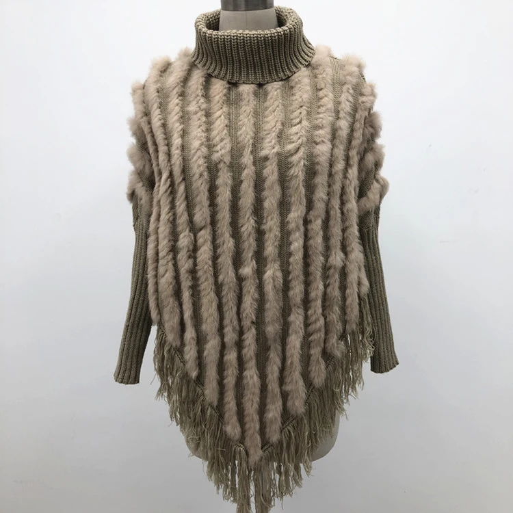 

Winter warm stand collar women knitted real rabbit fur coat with tassels, Customized color