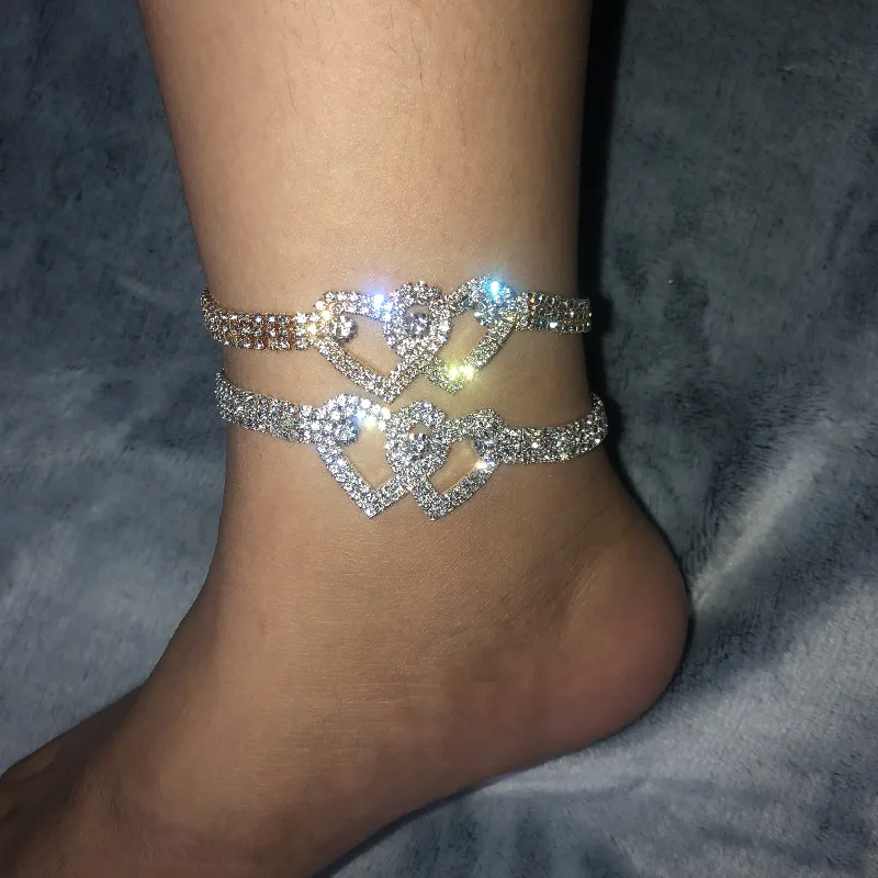 

2020 INS Hot Selling Full Crystal Heart Shape Bling Bling Anklet For Girls, Gold silver