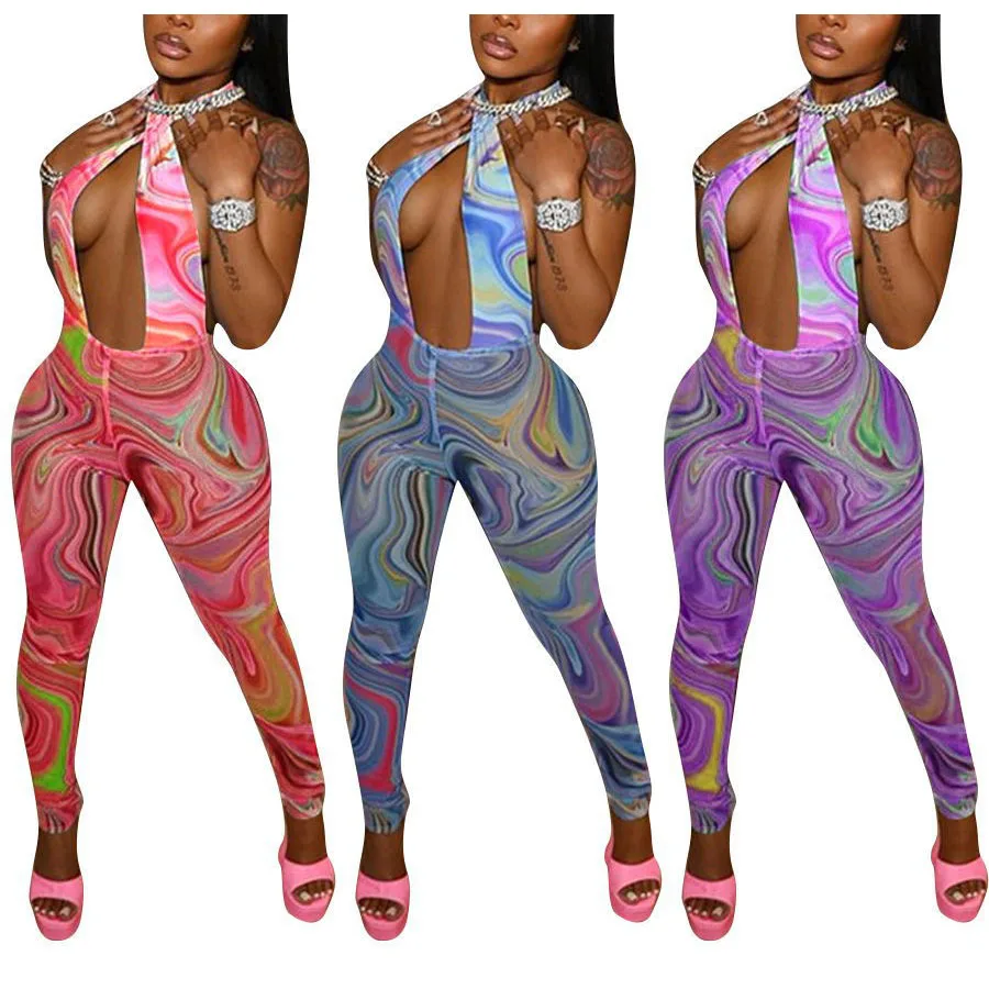 

FS3165D Fashion Printed Women Sexy Hollow Out Backless Sleeveless Jumpsuit